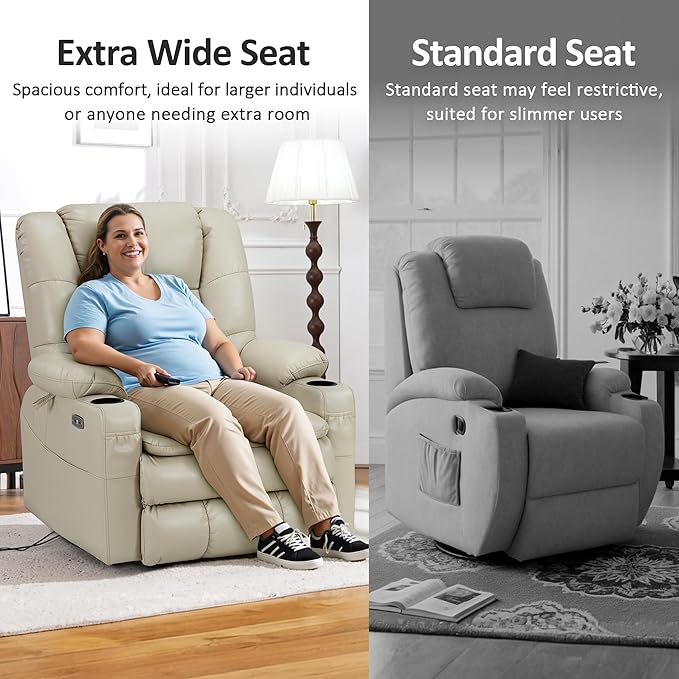 MCombo Oversized Triple Motor Power Lift Recliner Chair with Massage and Dual Heating Adjustable Headrest for Big and Tall Elderly People Faux Leather R7635 (Beige Large-Oversize)