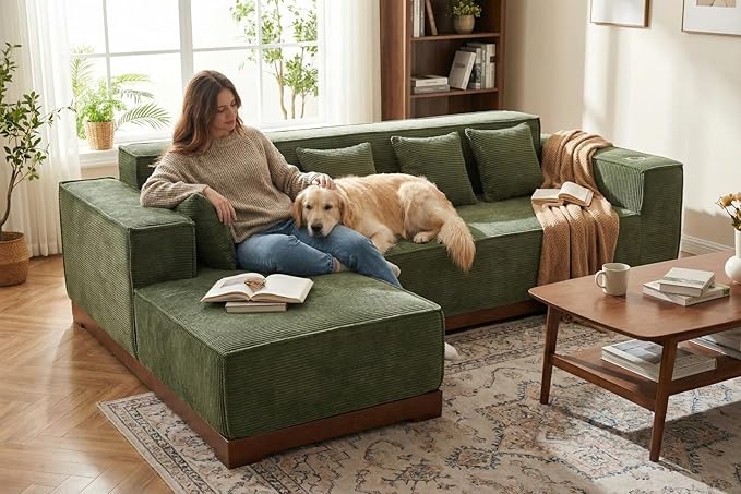 LIKIMIO 110 Inch L-Shape Sofa with LED Lights Boneless Couch with Oversized Chaise Deep Seat Built-in Holder &amp Storage Pocket Upholstered Couches for Living Room and Apartment Green
