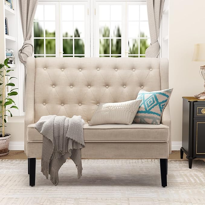 Tongli 46 Small Modern Loveseat Settee Sofa Linen Fabric 2-Seat Sofa Couch Tufted Love Seat Dining Bench with Back Upholstered Banquette Sofas for Living Room Bedroom Small Space Entryway Beige