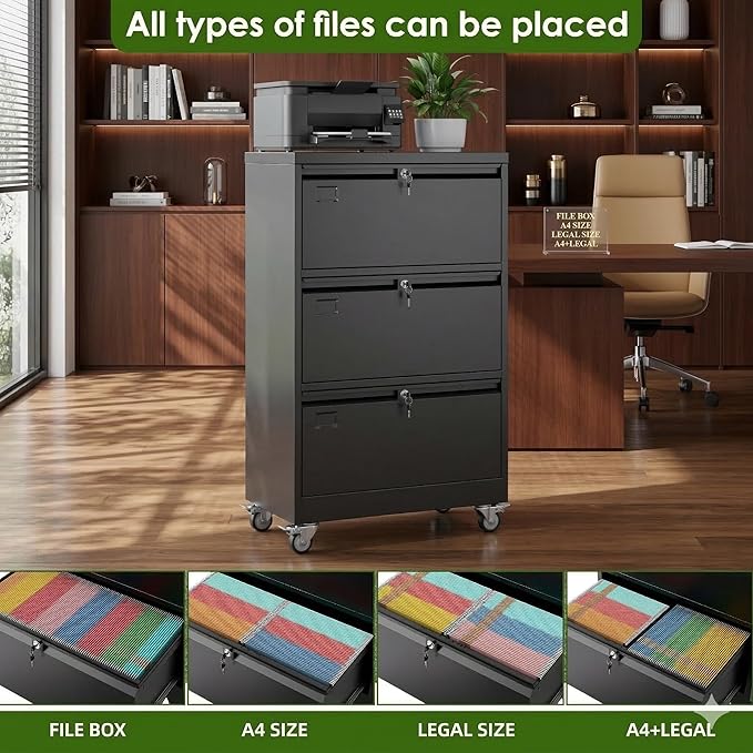 Aobabo 3 Drawer Lateral File Cabinet with Wheels Lockable Metal Filing Cabinet for Home Office Legal/Letter SizeBlackRequired Assembled15.87 D x 28.94 W x47.63 H