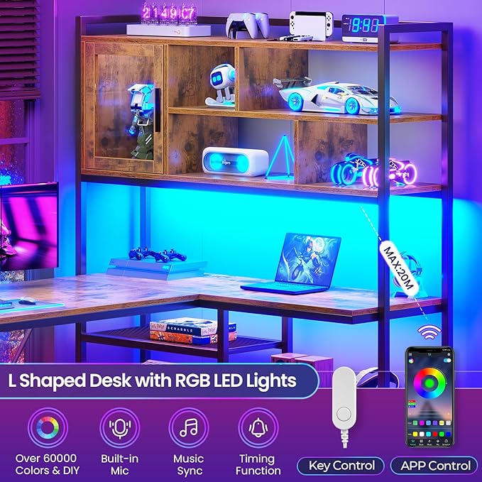 SEDETA L Shaped Computer Desk 58'' Office Desk with LED Light and Bookshelf L Shaped Corner Desk with Storage Shelves for Home Office Gaming Desk L Desk Rustic Brown