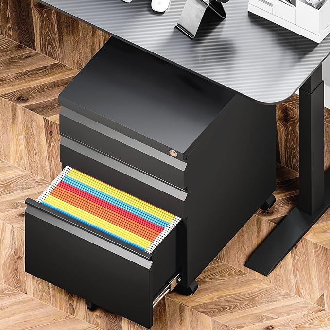 Yizosh 3 Drawer Mobile File Cabinet with Lock Black Under Desk Rolling Filing Cabinet Metal Locking File Cabinet on Wheels for Legal/Letter/A4 File (Required Assemble)