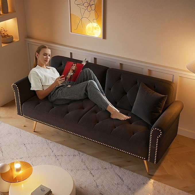 KEIKI 70 Folding Futon Sofa Couch w/Adjustable Backrest Mid Century Modern Loveseat Convertible to Sleeper Bed Small Comfy Velvet Cloud Couch SofaBed for Living Room &amp Bedroom 2 Pillows Black