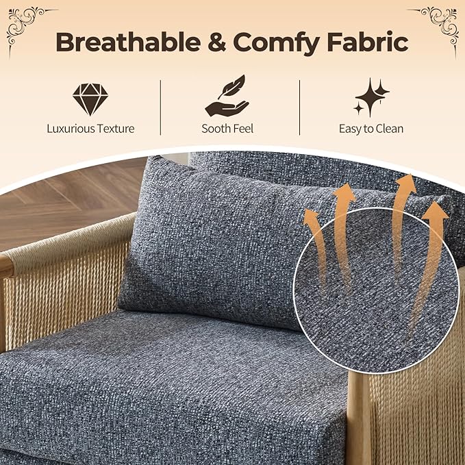 Karl home Cozy Chenille Accent Chair with Lumbar Pillow &amp Rattan Arms Modern Lounge Chair for Living Room Bedroom Reading Nook Dark Gray