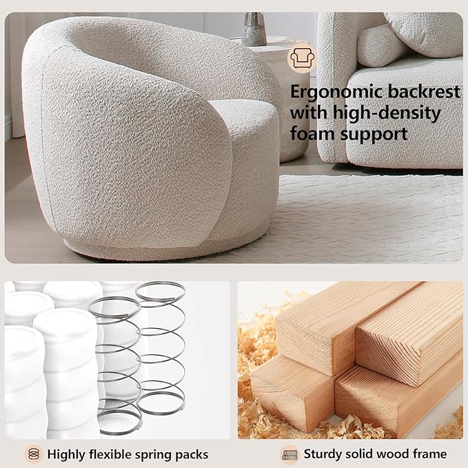 Modern Swivel Accent Chair Boucle Fabric Upholstered Barrel Chair 33 Luxury Curved Sofa Chair Single Sofa Single Armchair for Living Room Bedroom Apartment Office Small Space (Beige)