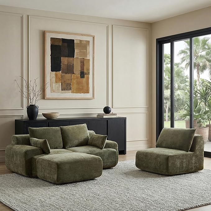 WELAX 114 Sectional Couches for Living Room Boneless Couch L-Shape with Pillows &amp Ottoman Modular Chenille Cloud Sofa 4 Seater Home Comfy Sofas for Apartment Green