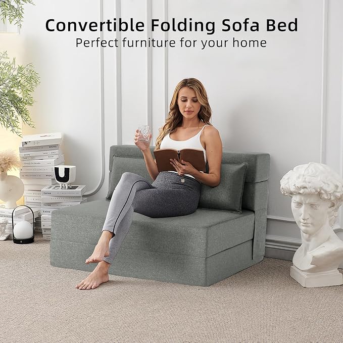 FILUXE Folding Sofa Bed | Convertible Sleeper Chair Bed for Adults Fold Out Chair to Bed Linen Futon Chair with Pillow for Home Dorm Apartment RV Living Room Standard Size Light Gray