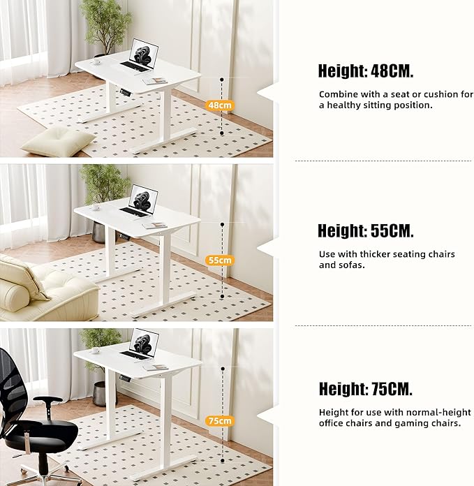 ERGOMAKER Low Height Adjustable Desk with Lockable Wheels Lifts 18.9-29.5 31.5 x 23.6 Electric Small Standing Desk with Splice Board for Home Office &amp Short People(White Frame White Desktop