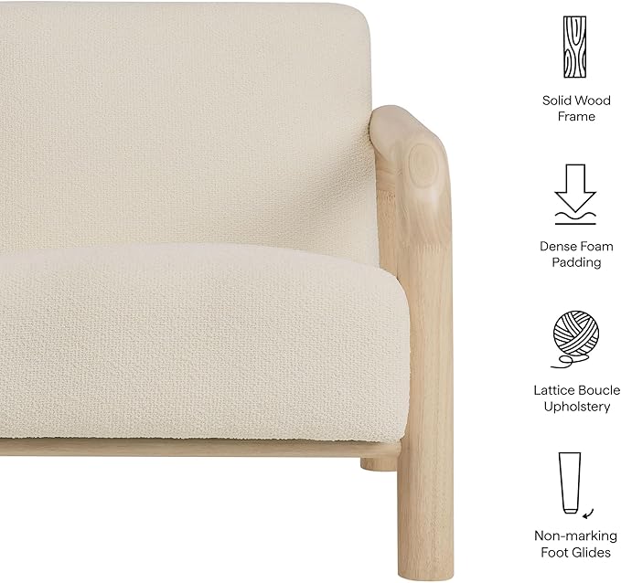 Modway Sereno Modern Boucle Fabric Accent Chair in Cream Oak with Rounded Wood Armrests – Upholstered Lounge Chair for Living Room or Bedroom