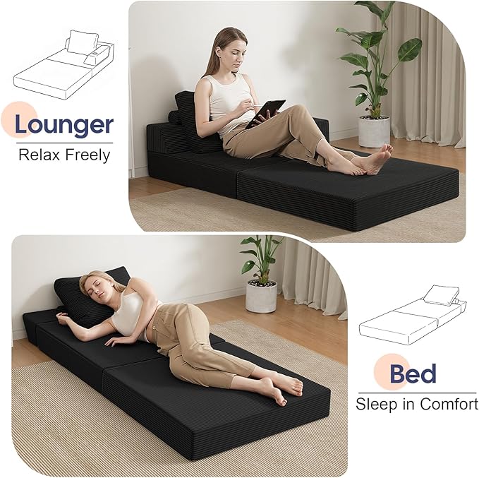 COMAX Folding Sofa Bed Foldable Couch for Bedroom Corduroy Convertible Floor Sleeper Futon Chair Foam 3 in 1 Fold Out Chair Portable Comfy Lounge Couch Single Sofa Bed for Small Space Guest Room