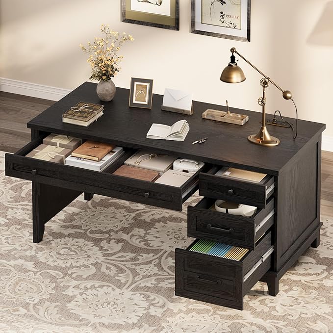 GarveeHome Farmhouse Executive Desk with Drawers 53.54 in Home Office Desk with Charging Station Wooden Computer Desk with File Cabinet Storage for Work Study Writing Rustic Black