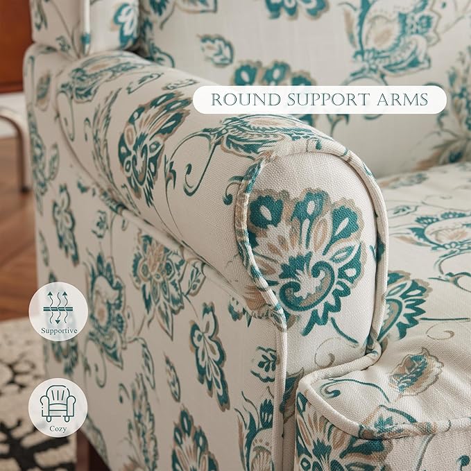 MELLCOM Floral Accent Chair High Back Upholstered Armchair with Solid Legs Leisure Single Sofa Chair for Living Room Bedroom Home Office Light Cyan Floral