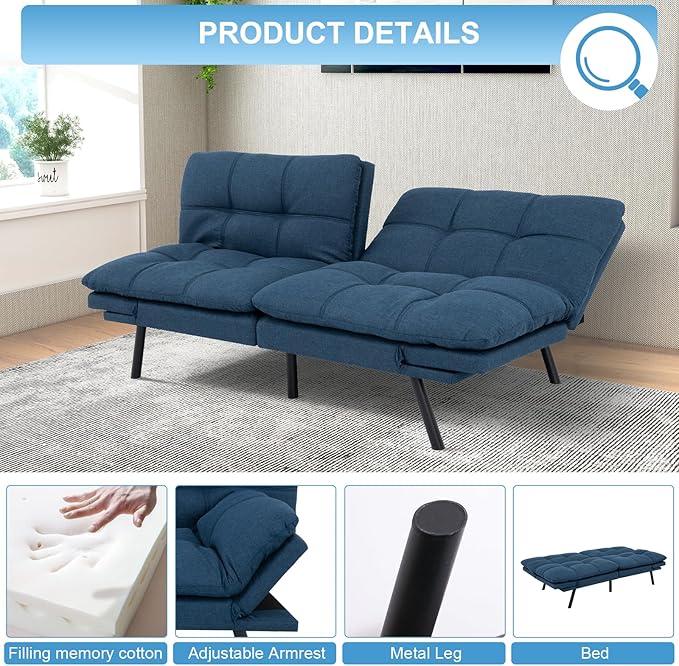 MUUEGM Futon Sofa Bed Couch Sofa Memory Foam Futon Sleeper Sofa Loveseat Convertible Couch Bed for Small Compact Spaces Apartment Blue.