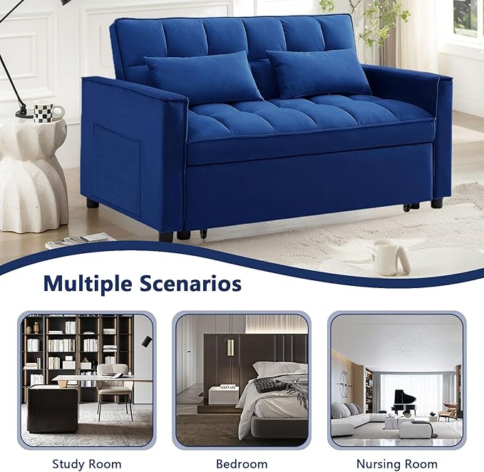 54 Convertible Sofa Bed Velvet Sleeper Sofa with Pull-Out Bed 3-in-1 Futon Couch with Reclining Backrest and Side Pocket Modern Loveseat for Living Room (Dark Blue)