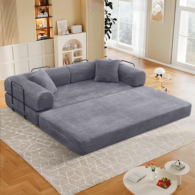 78 Convertible Sleeper Sofa Bed with Cylindrical Pillow Corduroy Folding Mattress Couch with Fixed Frame Floor Sofa Lounge Couch for Living Room Bedroom Apartment Dark Grey