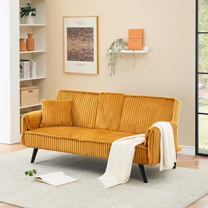 72 Modern Corduroy Sofa Bed FutonConvertible Sleeper Couch Bed with Cup Holder4 Reclining PositionsFolding Sofa Cloud Loveseat for Small Living Room Apartment Office (Orange-New)