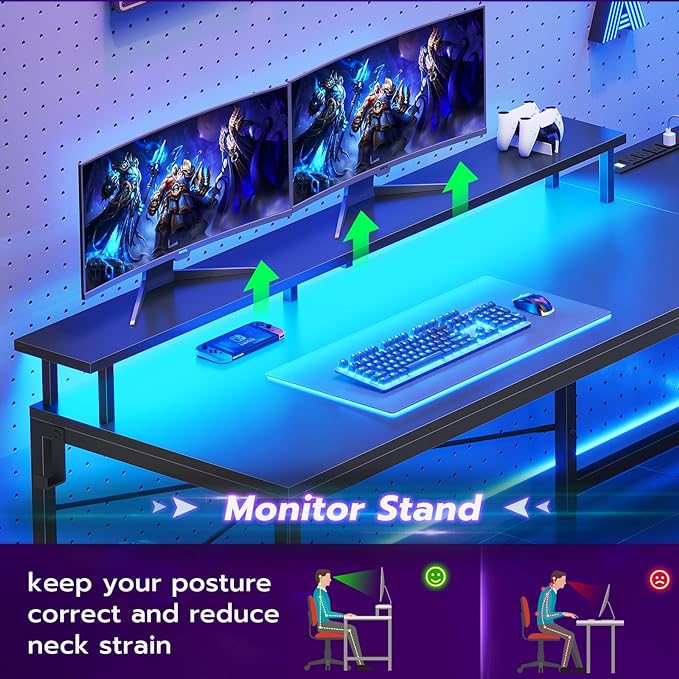 SEDETA L Shaped Gaming Desk 51 Computer Desk with Storage Shelves Gamer Desk with Power Outlets &amp LED Lights Fabric Drawer Monitor Stand and Hooks Black