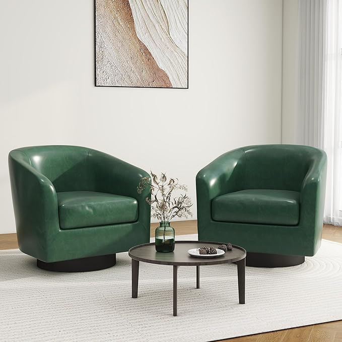 Swivel Barrel Accent Chair Modern Round Faux Leather Arm Chair for Living Room Bedroom Comfy Club Reading Chairs for Adults(Faux Leather Green Set of 2)