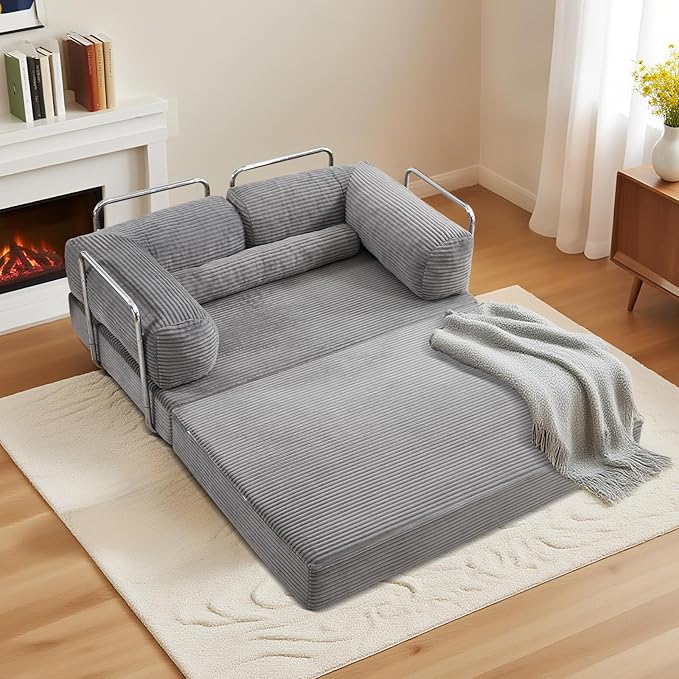 Folding Sofa Bed Convertable Corduroy Couch Convertible Sofa with Fixed-Shape Frame Modular Sectional for Living Room No Assembly Compression Foldable Sleeper (Gray)