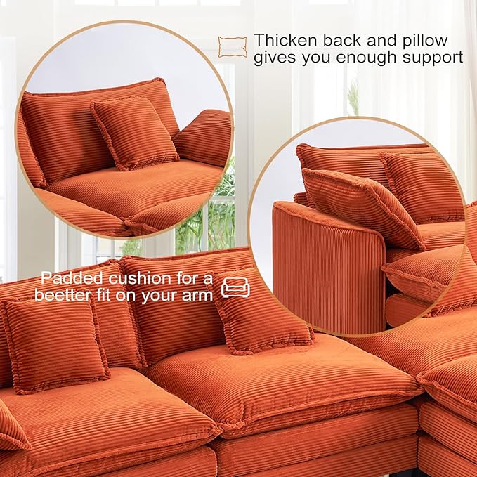 Furniliving Oversized Accent Chair with Ottoman Luxury Corduroy Single Sofa Upholstered Deep Seat Chaise Lounge with Pillows for Living Room Bedroom Apartment Orange