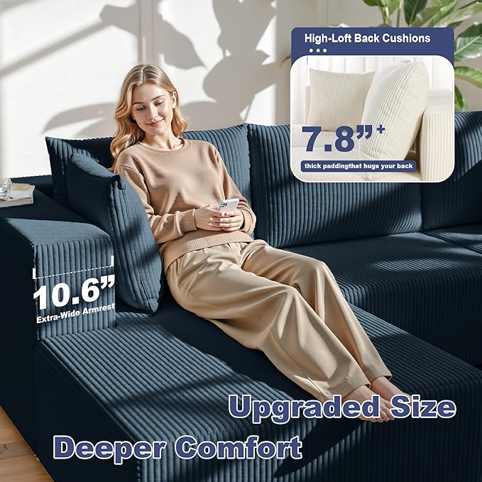 108 Boneless Couches for Living Room Modular Cloud Couch Sofa - L Shap Corduroy Sectional Sofa Fluffy Memory Foam Sleeper Sofa Furniture No Assembly Wide Armrest Navy Blue