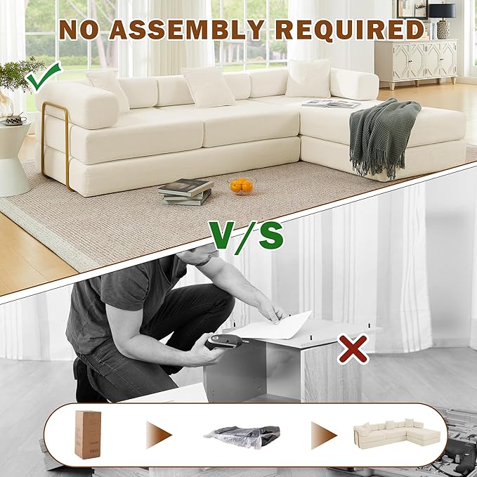 108 W Corduroy Modular Cloud Couch with Fixed-Shape Frame Oversized L-Shaped Sectional Sleeper Sofa Bed with Pull Out Bed No Assembly Modern Floor Boneless Couch for Living Room (Beige)
