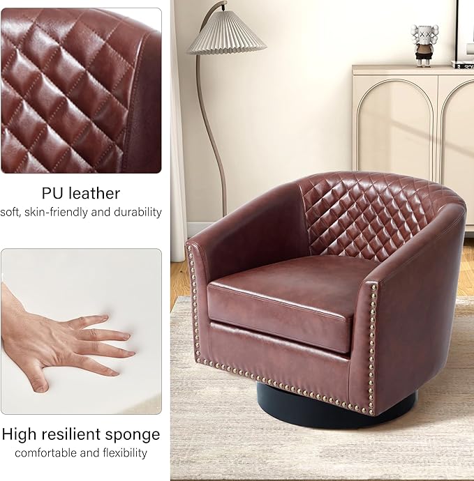 Swivel Barrel Accent Chair Comfy Modern Upholstered Round Faux Leather Arm Chair for Living Room Bedroom