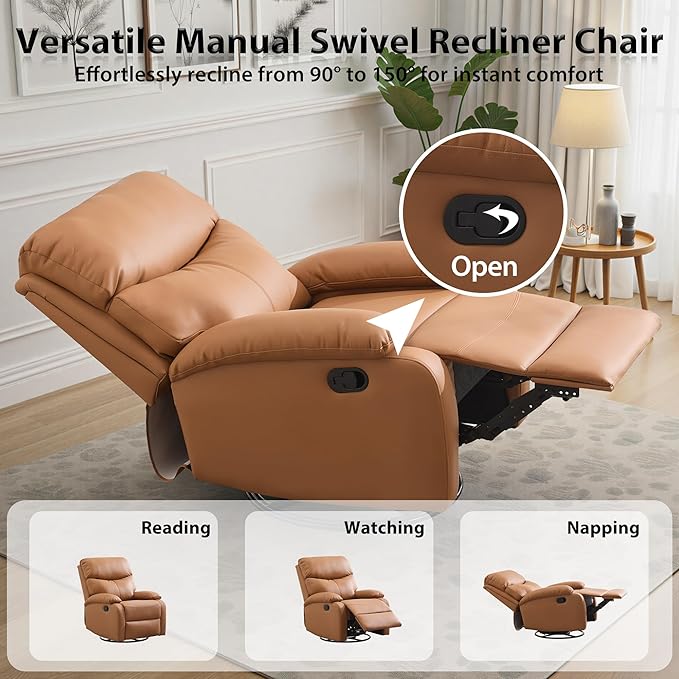 Genuine Leather Swivel Recliner Rocking Reclining Chair for Heavy Duty Adults 350LBS Manual Swivel Rocker Recliner Chair for Living Room Bedroom RV Nursery Khaki Brown