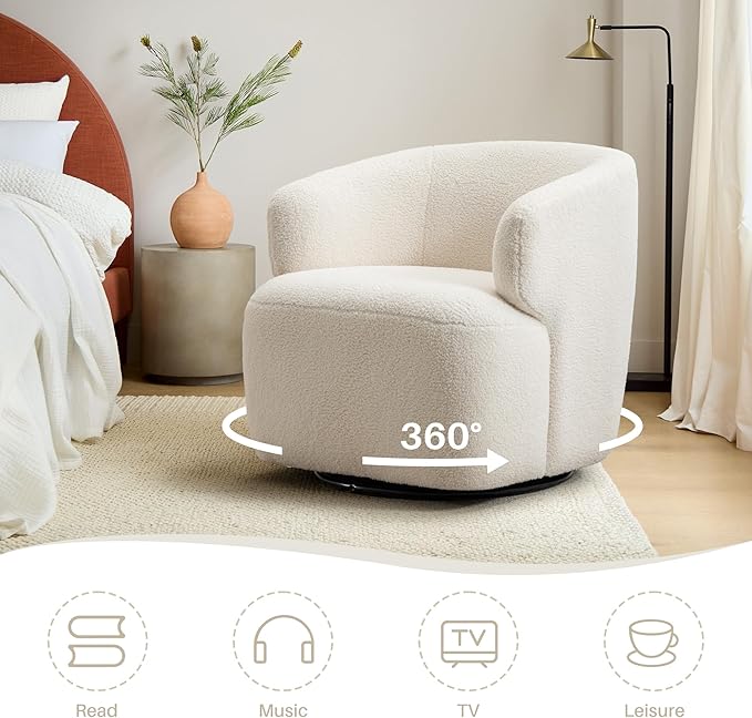 Swivel Accent Chair Upholstered Fabric Barrel Chair Boucle Round Boucle Armchair for Living Room Bedroom Beige Cream White