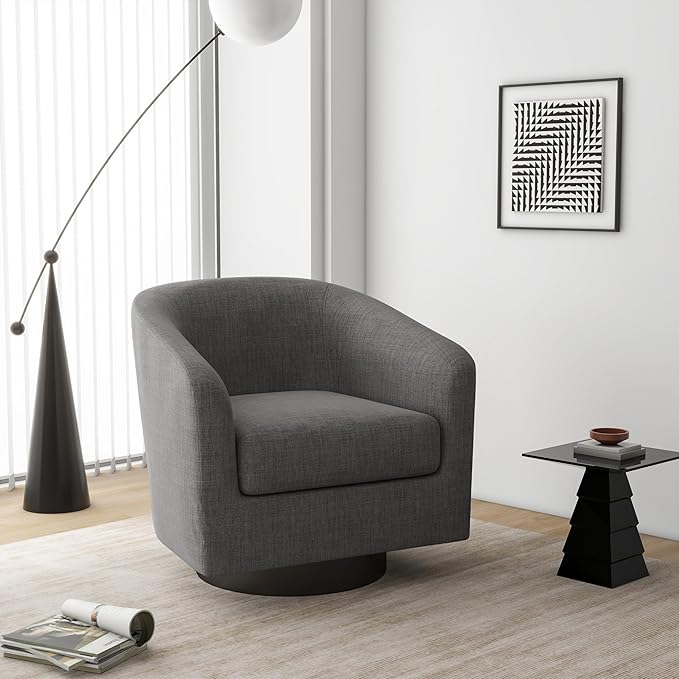 Swivel Barrel Accent Chair Modern Round Linen Arm Chair for Living Room Bedroom Comfy Club Reading Chairs for Adults（Linen Fabric Grey Set of 1