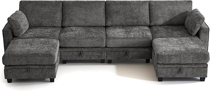 TUNYI 130 Sectional Couch with Storage Oversized Chenille Modular Sectional Sofa for Living Room Convertible Deep Seat Sofa Couches with Ottoman Armrest Pillow (Grey)