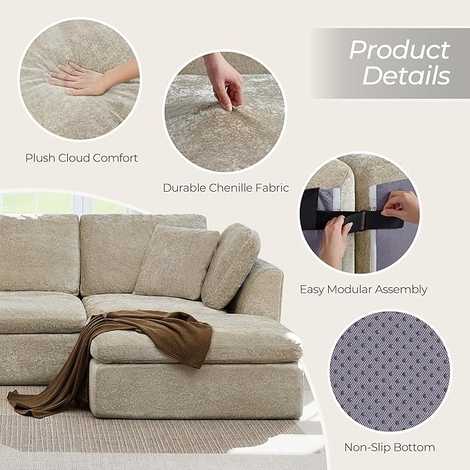 CHITA 108 Cloud Sectional Couches for Living Room Boneless L-Shape Sofa with Ottoman 3 Seater Modular Sectional Sofa Brownish Gray