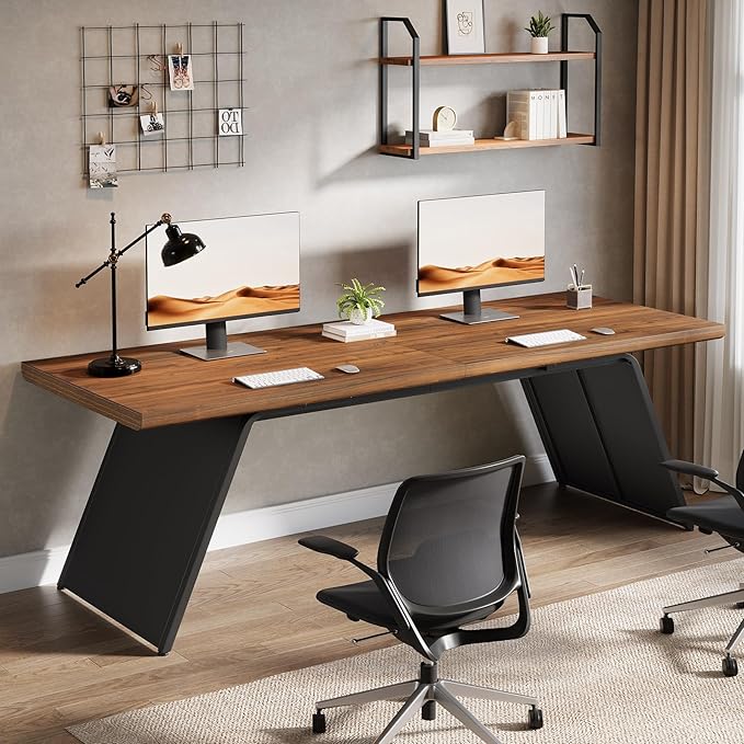 Tribesigns 79” Double Desk for Two People Extra Long Computer Desk with Walnut Wood Top &amp Black Metal Base Heavy Duty 2 Person Home Office Writing &amp Gaming Table