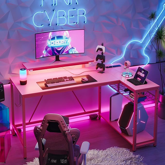 Bestier 52 Gaming Desk with Integrated Power Outlet &amp USB Ports L-Shaped Computer Desk with LED Strip &amp Headphone Hooks Perfect for Home Office Pink