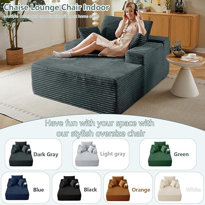 50Oversized Chaise Lounge Chair IndoorCorduroy Boneless Reading Chair with 3 PillowsDeep Seat Cloud Sofa BedComfy Modern Sleeper Chairs in Box for Living Room BedroomNo Assembly(Dark Grey)