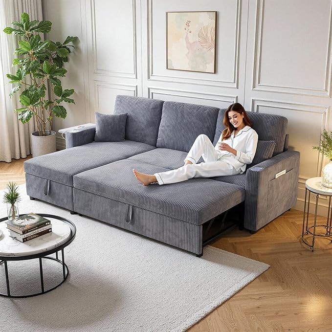 L-Shape Sleeper Sofa with Storage &amp Ports Pull-Out Couch Bed with Cup Holders Side Pockets &amp Side Table for Living Room Apartment Grey