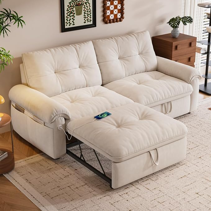 77.2'' Multifunctional Loveseat Sleeper Sofa Couch with Pull-Out Bed 3-in-1 Modern Velvet Convertible Sofa Bed with USB and Side Pockets Easy Assembly Living Room Apartment Beige