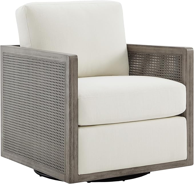 CHITA Swivel Accent Chair Rattan Arm Chair for Living Room and Bedroom Fully Assembled Cream Fabric with Grey Frame