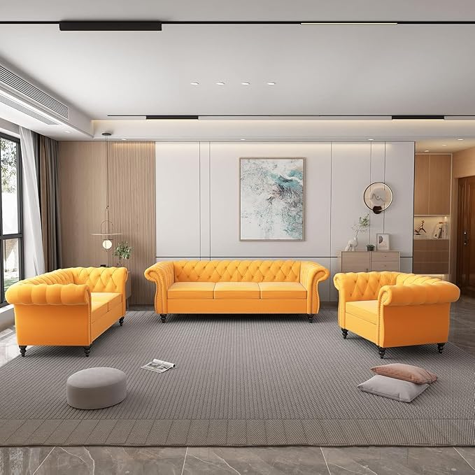 Living Room Chair Modern Velvet Chesterfield Sofa Chair Mid Century Single Sofa Couch Chair with Tufted Back and Rolled Arms Accent Sofa Chair for Living Room Apartment Yellow