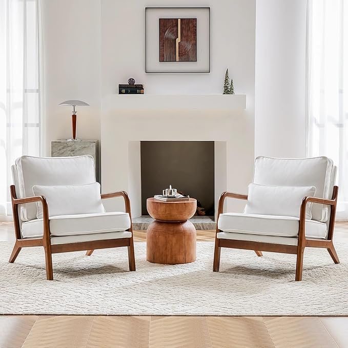Modern Accent Mid Century Living Room Chairs with Lumbar Pillow Upholstered Comfy Rocking Chair with Wood Frame for Bedroom