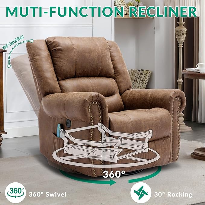 VIVIJASON Massage Swivel Rocker Recliner Chair with Heat &amp Vibration 360° Swivel Manual Glider Rocking Reclining Chair with Remote Control Side Pockets &amp USB Ports for Living Room Nut Brown