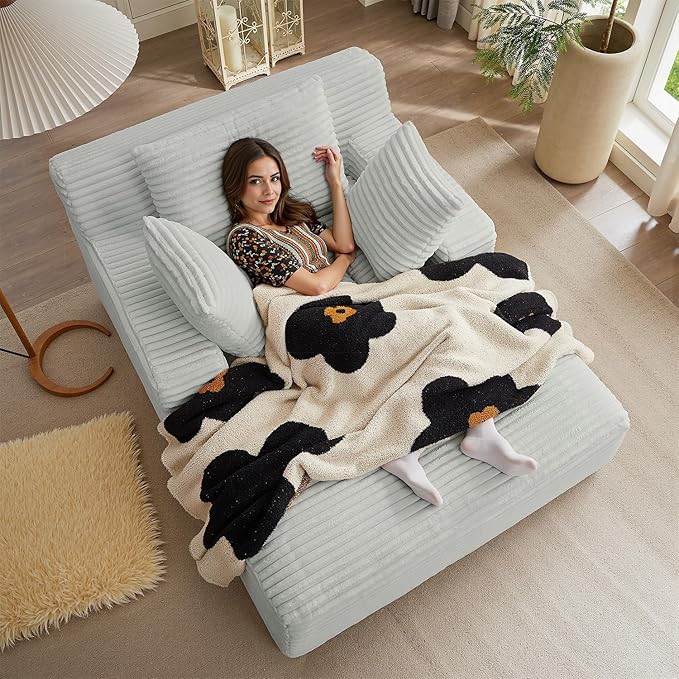 67 Inch Oversized Chaise Lounge Chair IndoorBoneless Corduroy Sofa Bed with Spring CushionDeep Seat Cloud Couch and Reading LoungerSoft Sleeper Sofa for Living RoomNo Assembly RequiredLight Grey