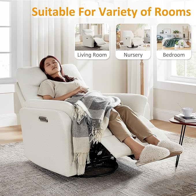 VANOMi Power Recliner Chair Swivel Glider Electric Rocking Recliner Chairs with USB and Type-C Ports Nursery Chair Recliner for Living Room Bedroom Apartment（White）