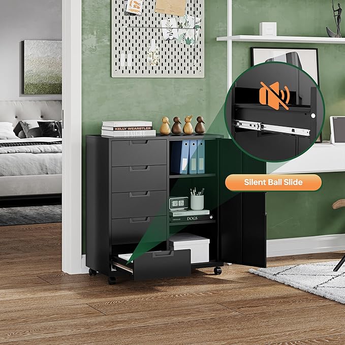 Letaya 5 Drawer Storage Cabinet Mobile Printer Stand for Home OfficeDresser Chest with Shelves and Door(Black)