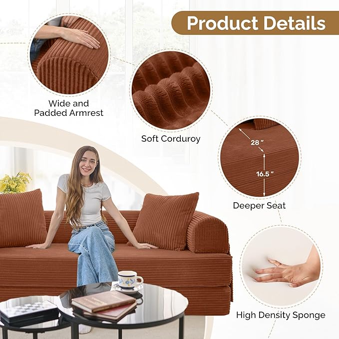 Convertible Corduroy Sleeper Sofa Bed with Cylindrical Pillow Folding Mattress Couch with Fixed-Shape Frame Floor Sofa Lounge Couch for Living Room Bedroom Lounge Studio Red Brown