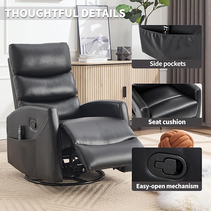 Manual Swivel Rocker Recliner Chair for Adults Overstuffed Reclining Glider Chair for Nursing with Vibration Massage &amp Heat Living Room Rocking Recliner 3-Stage backrest Faux Leather Black