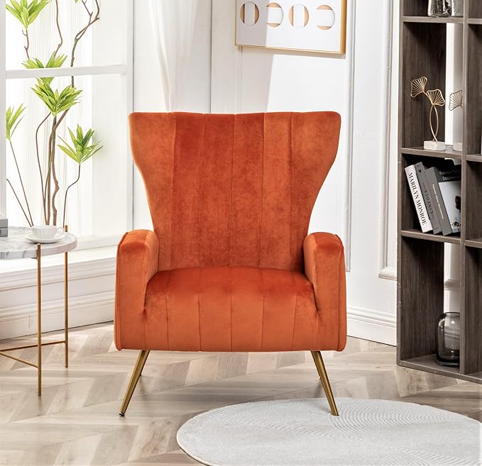 Modern Velvet Accent Chair Channel Tufted Bedroom Office or Living Room Furniture with Elegant Metal Legs 26 Wide Armchair Orange Red