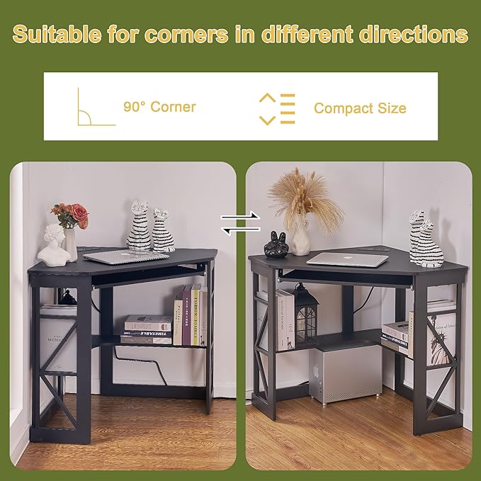 VECELO Corner Computer Desk 41x30 inches with Charging Station &amp Keyboard &amp Storage Shelves for Small SpaceTriangle Table for Home Office BedroomBlack