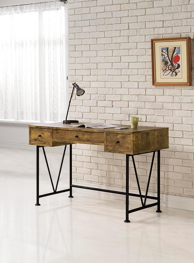Coaster Home Furnishings Analiese Rustic 47-Inch 3-Drawer Home Office Computer Writing Desk Study Table with Storage Engineered Eco-Friendly Wood Look Laminate Sturdy Steel Rustic Nutmeg 801541