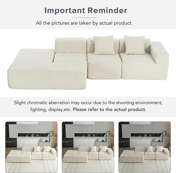 Merax 116.5 Minimalist Cloud Sectional Couch with L-Shape Chaise Cream Modern Modular Sofa with Deep Seat White Convertible 4 Seat Sleeper Couches Set for Living Room No Assembly Required Beige
